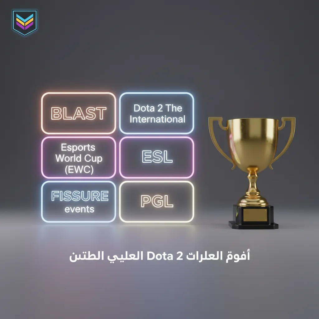 ملصق Dota 2 يعرض شعارات بطولات: TI، BLAST، ESL، EWC، PGL، FISSURE مع رموز رهان واحتمالات.